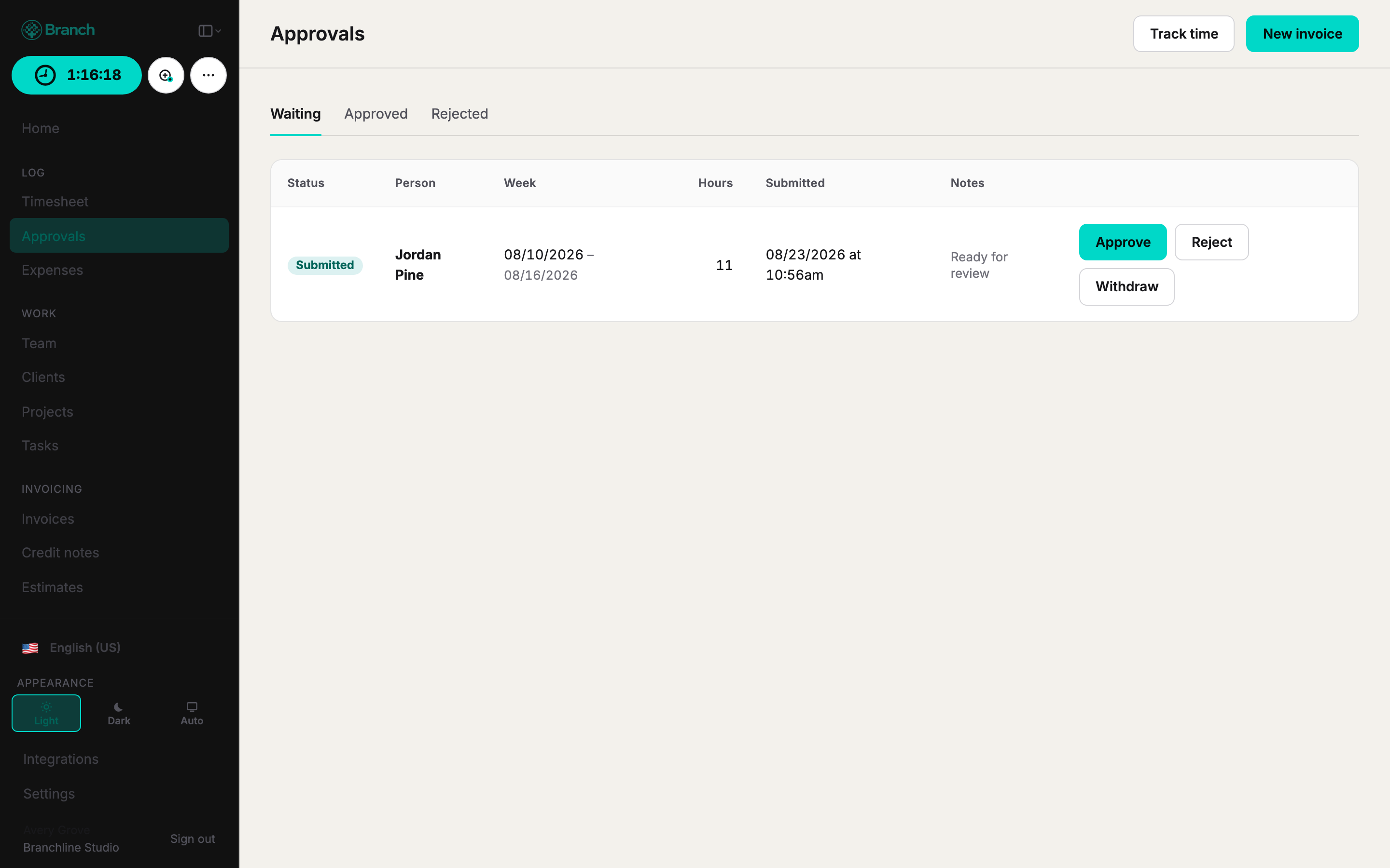 Timesheet approvals inbox with submitted weeks waiting for review