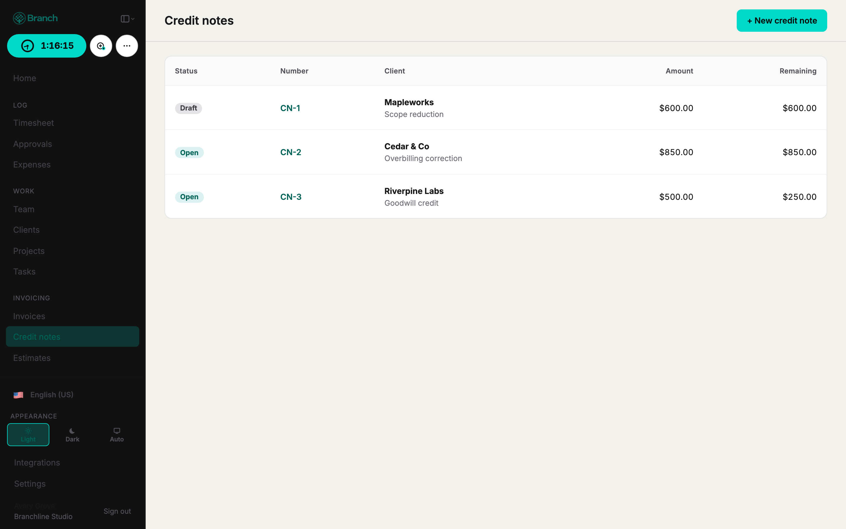Credit notes list with open and applied balances
