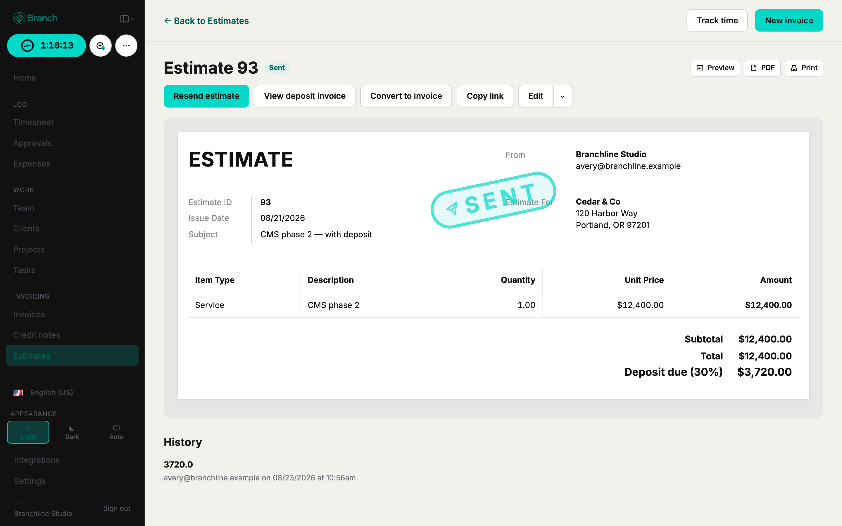 Estimate with deposit terms and a linked deposit invoice