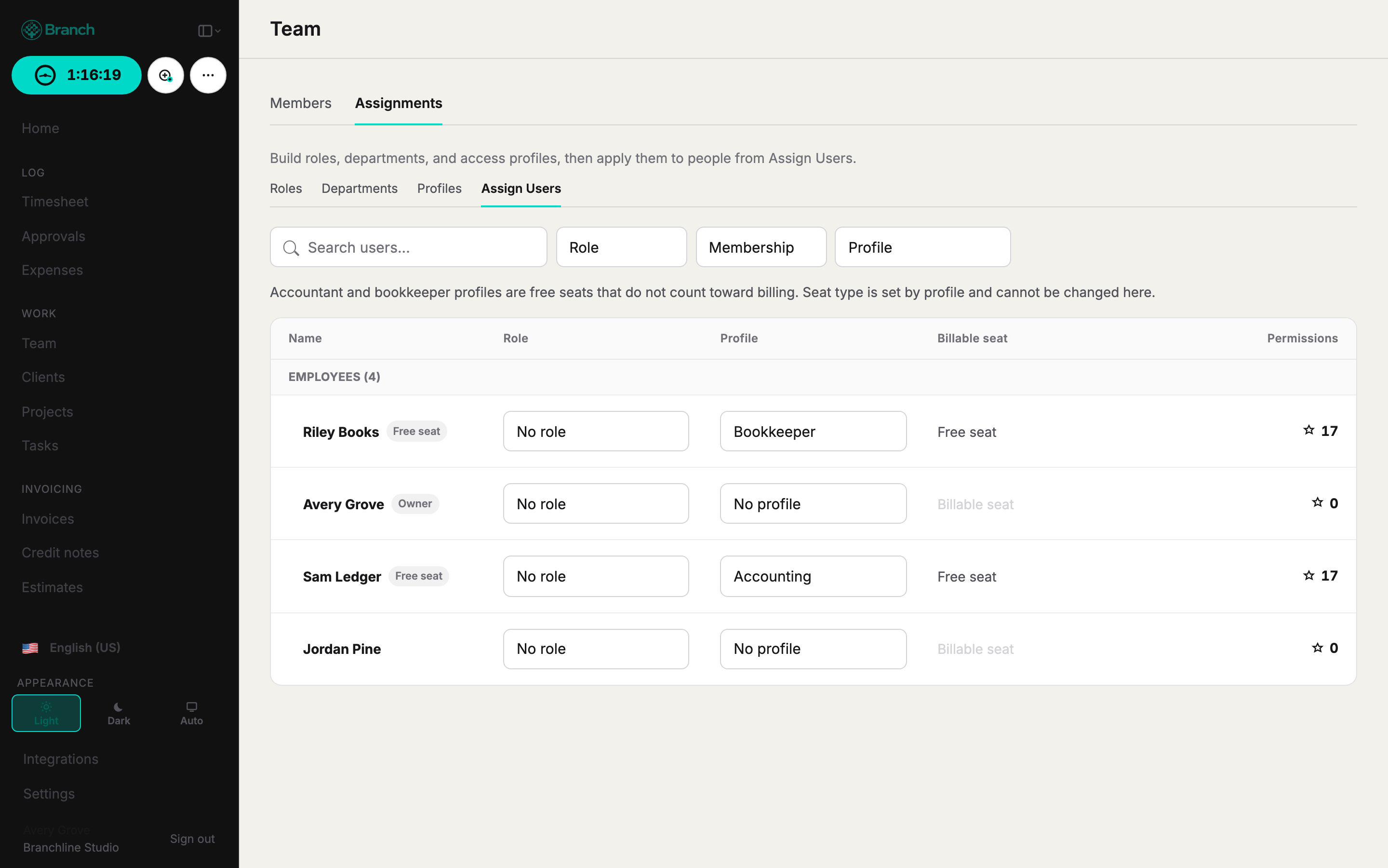 Team assignments showing free accountant and bookkeeper seats
