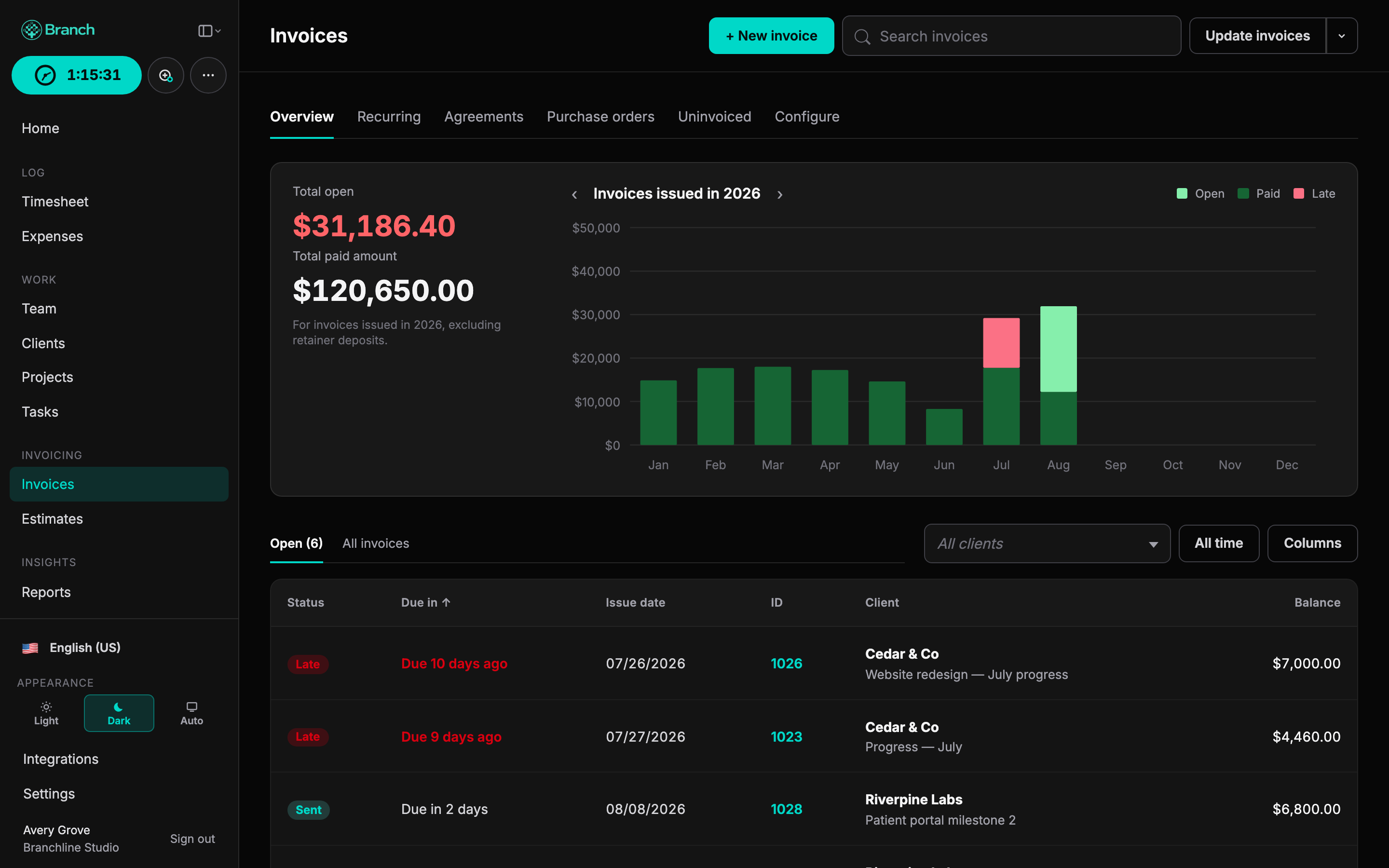 Branch invoices overview in dark mode