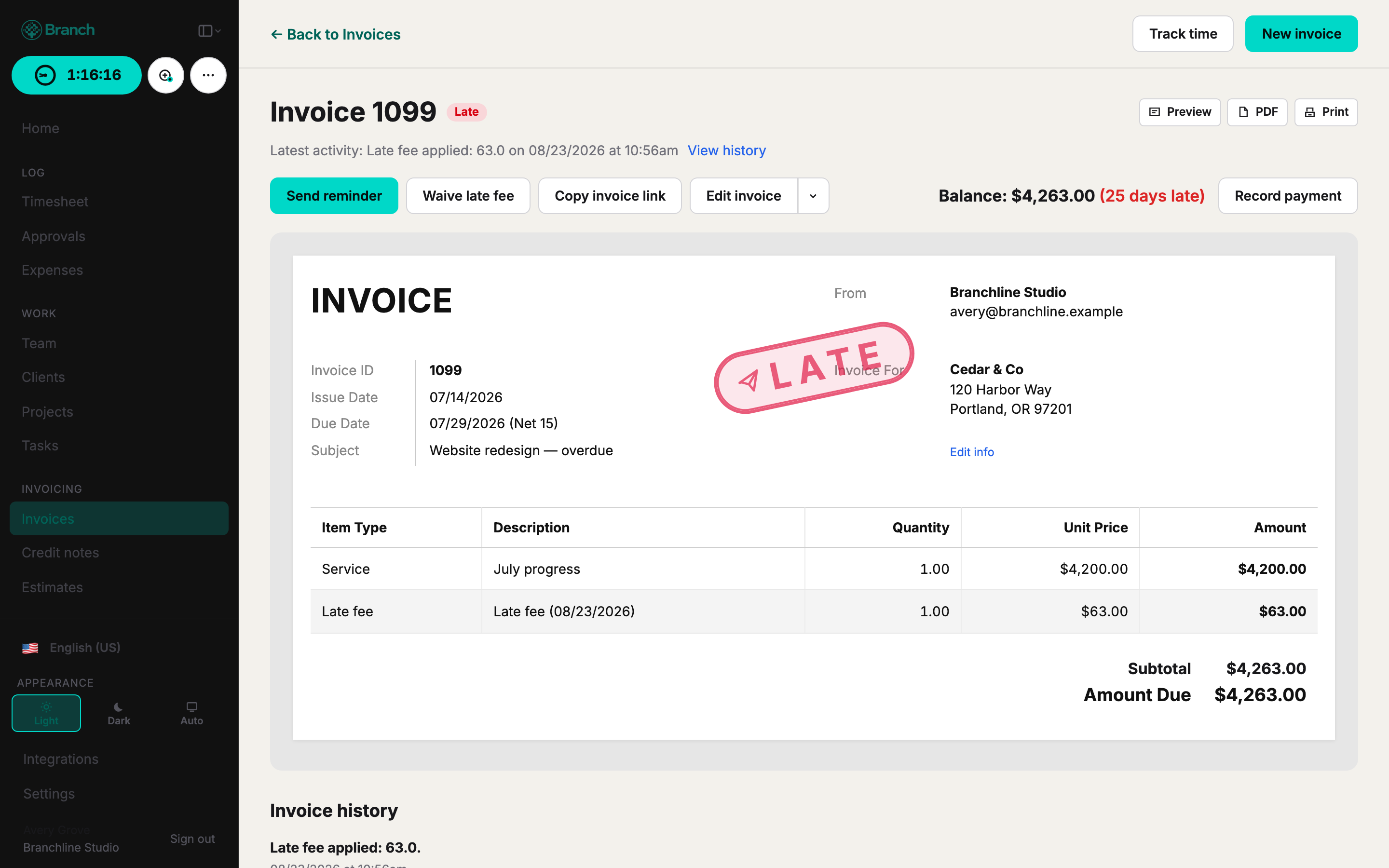 Overdue invoice with a late fee line and reminder schedule