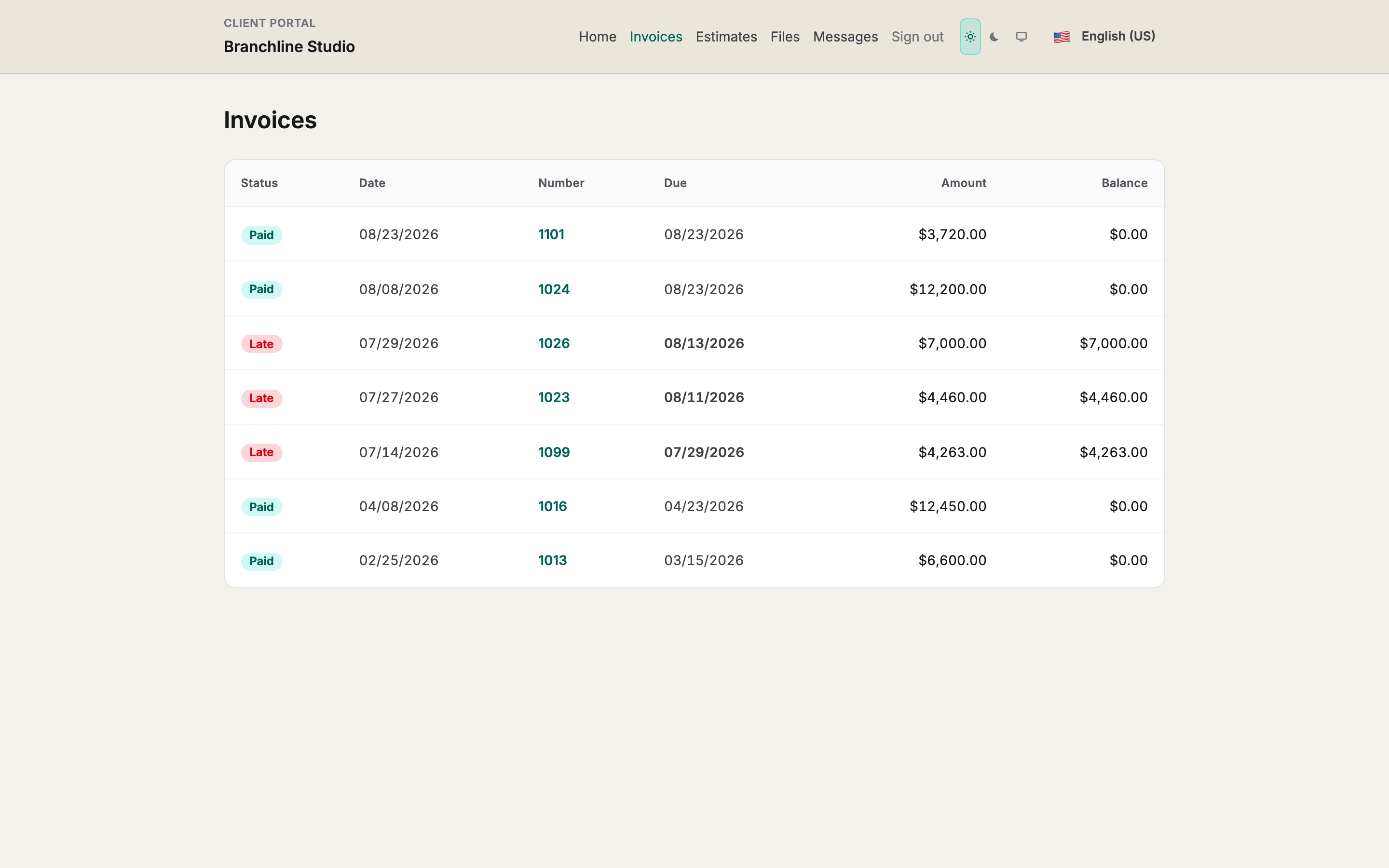 Client portal home showing invoices, estimates, and messages