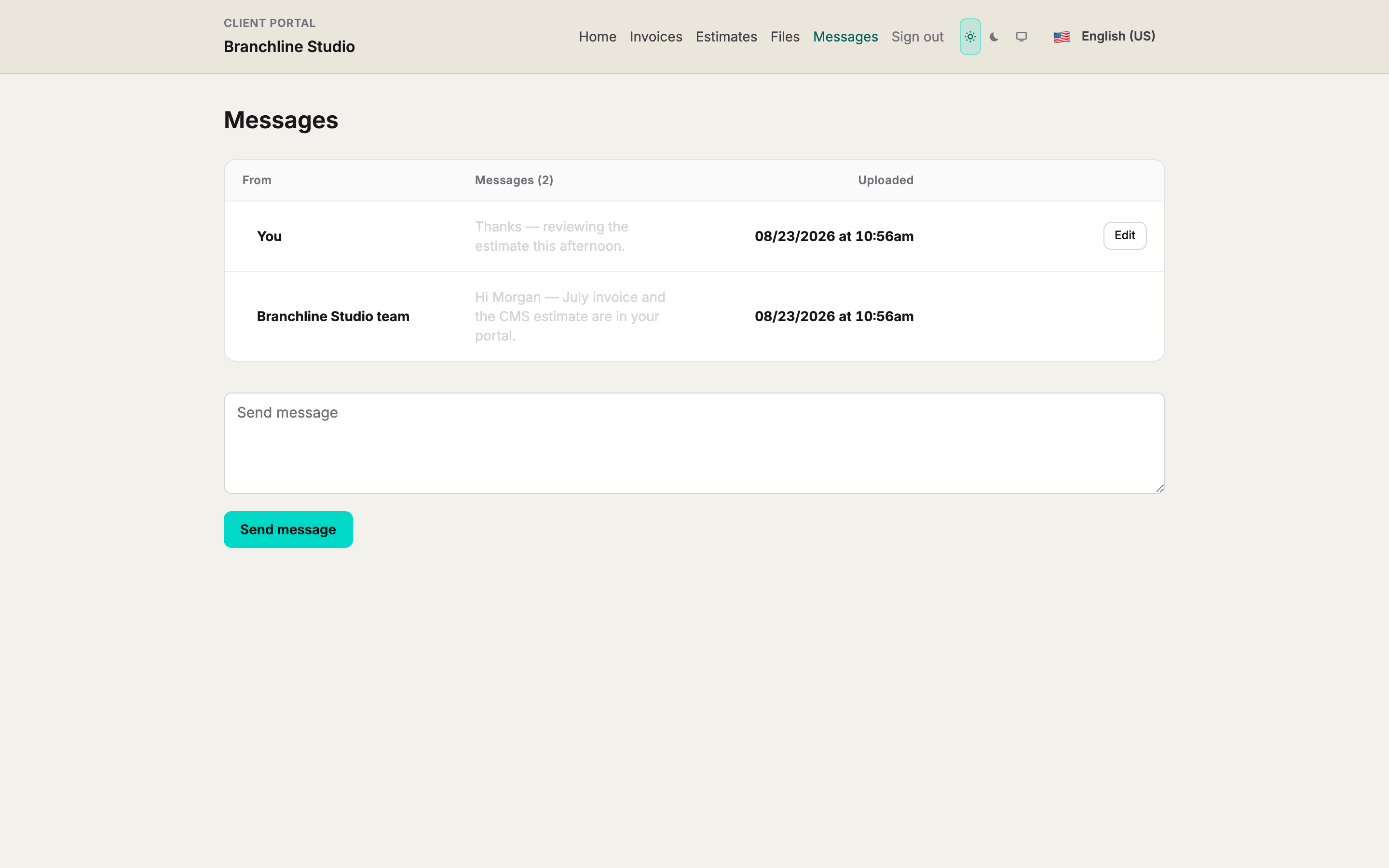 Client portal messaging thread between staff and client