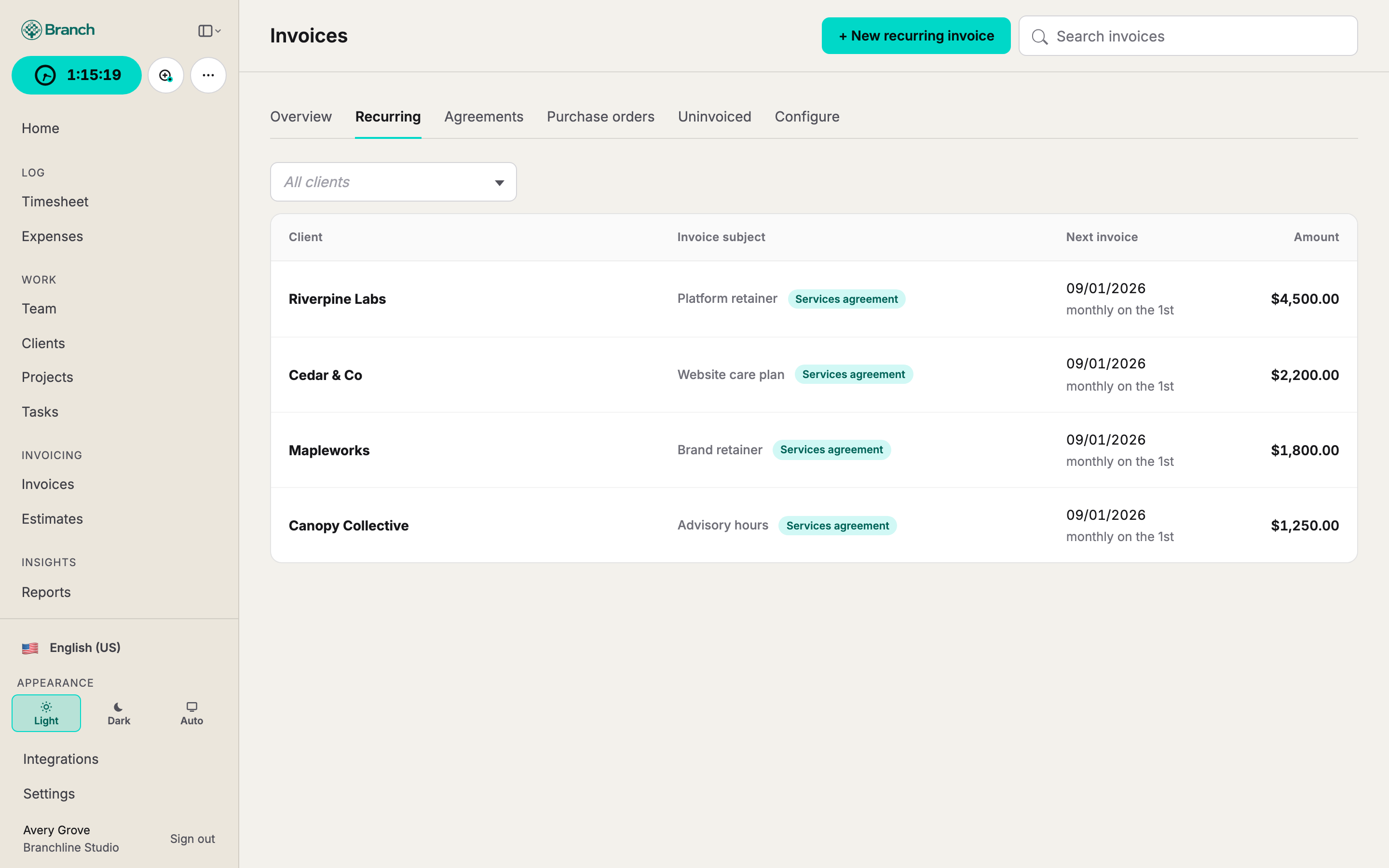 Recurring invoice templates