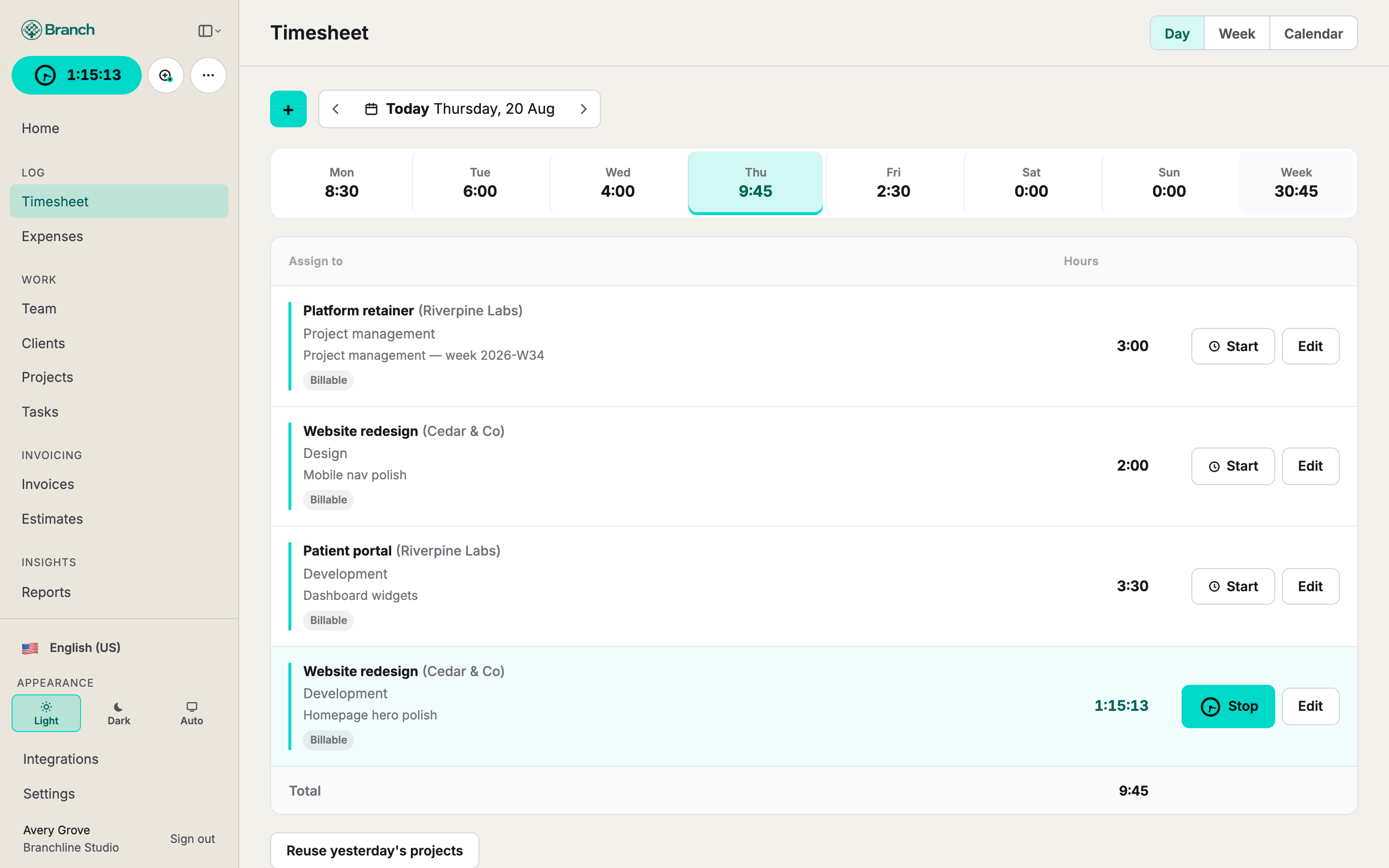Timesheet day view with billable entries