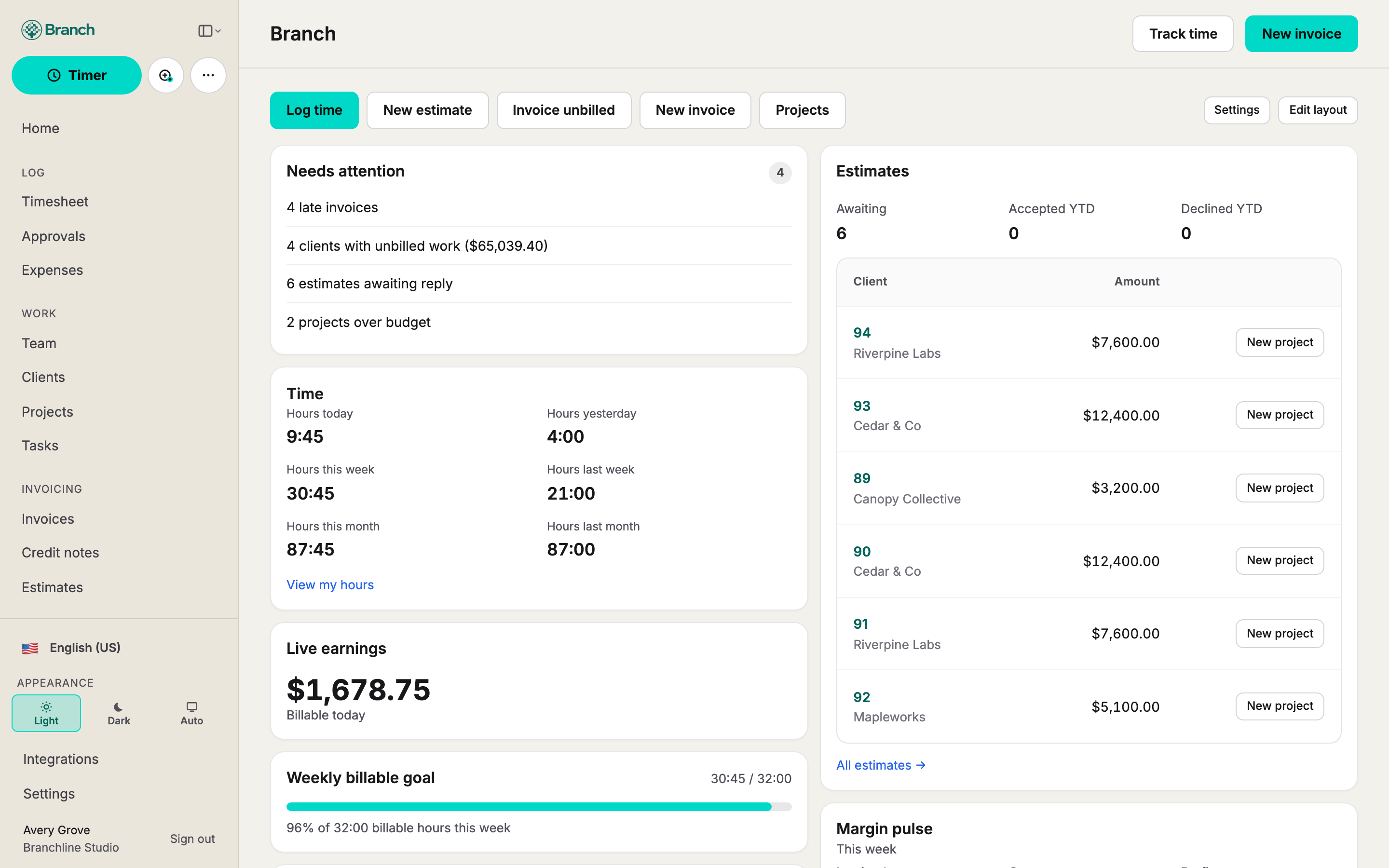 Branch web app showing a timesheet and invoice workflow