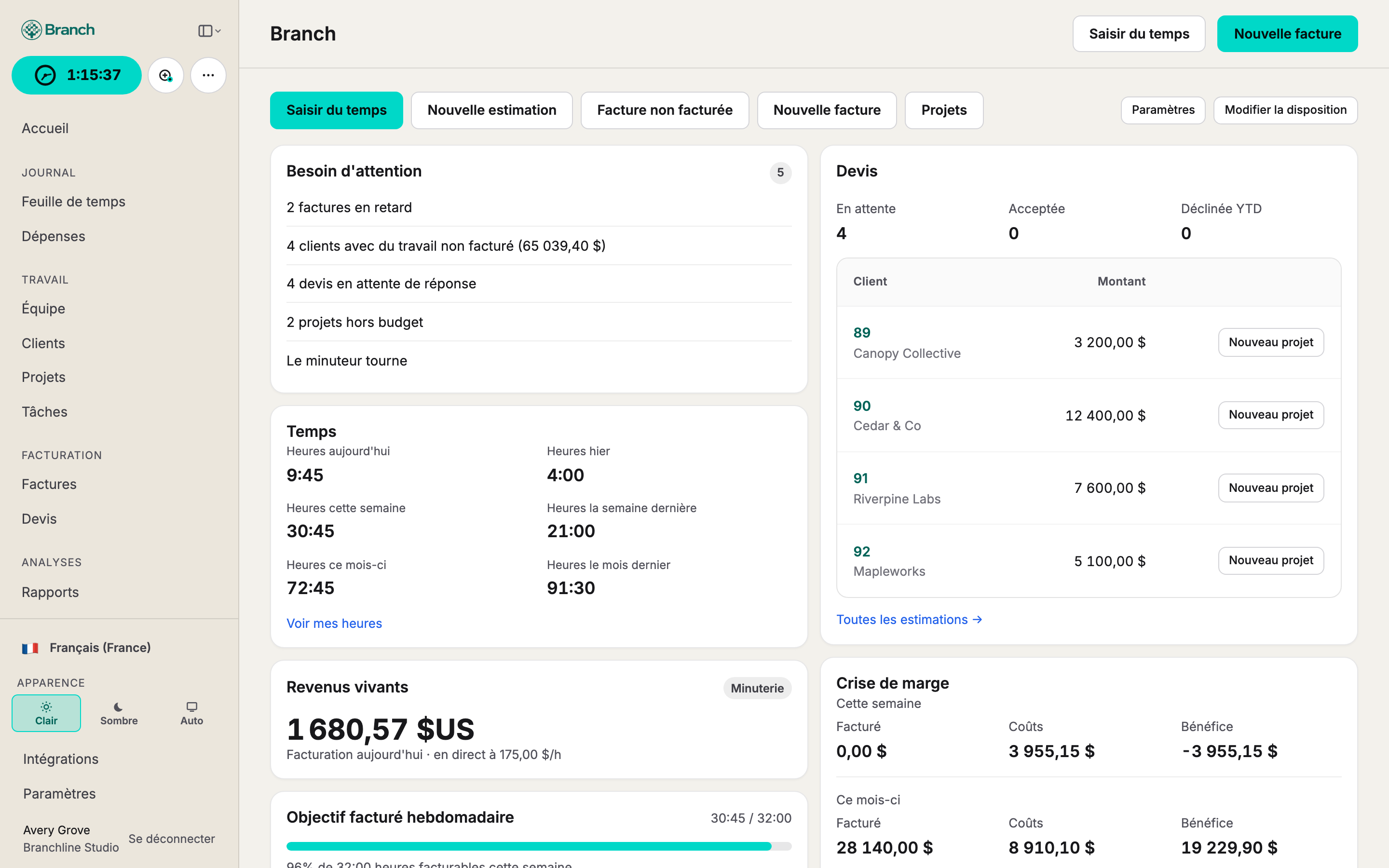 Branch dashboard in French